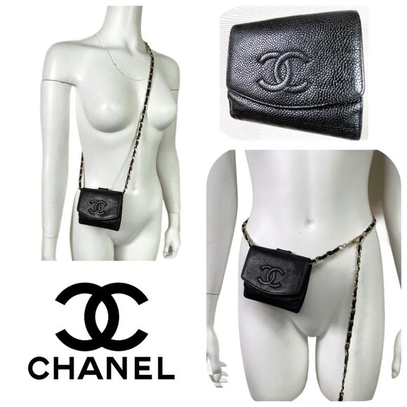 Chanel black caviar leather CC Logo trifold wallet on chain - Picture 1 of 13